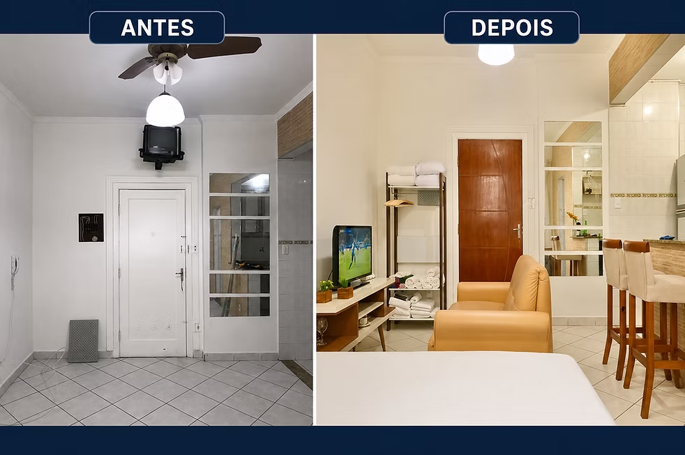Sala de apartamento antes e depois da preparação da Cuidaqui