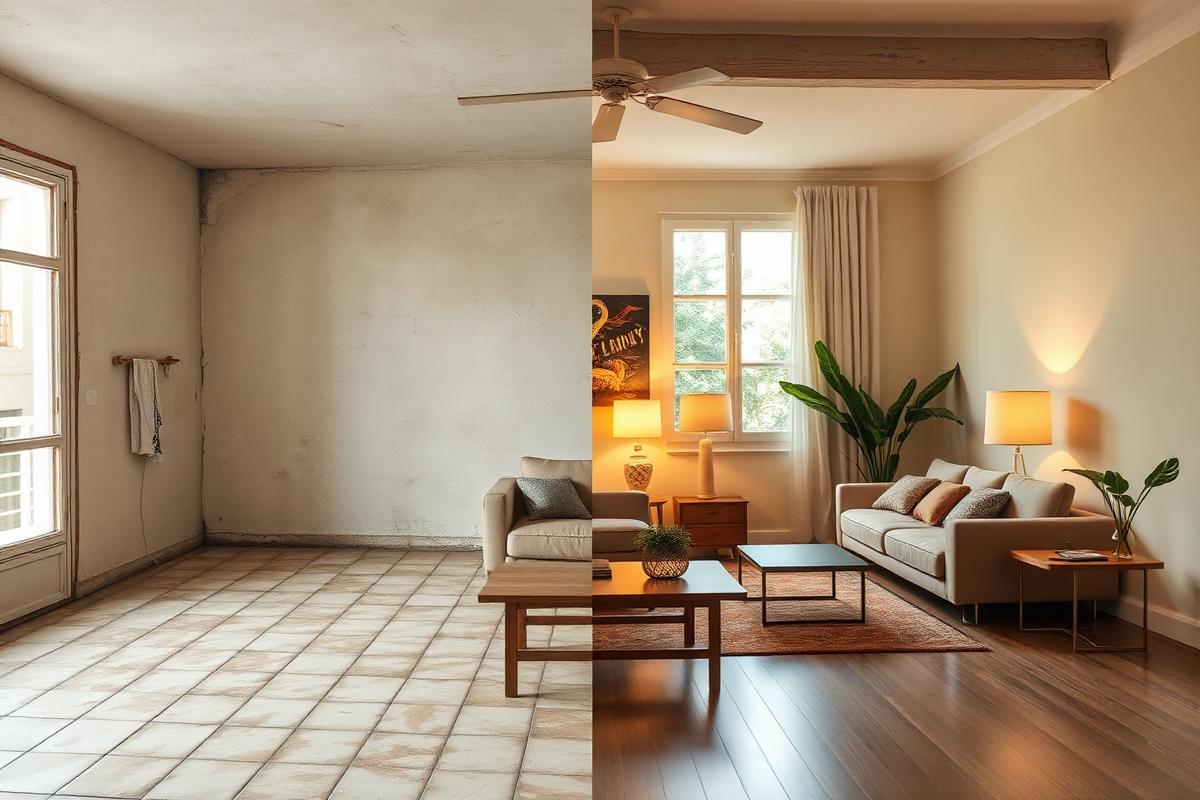 Sala antes e depois da reforma e montagem para temporada