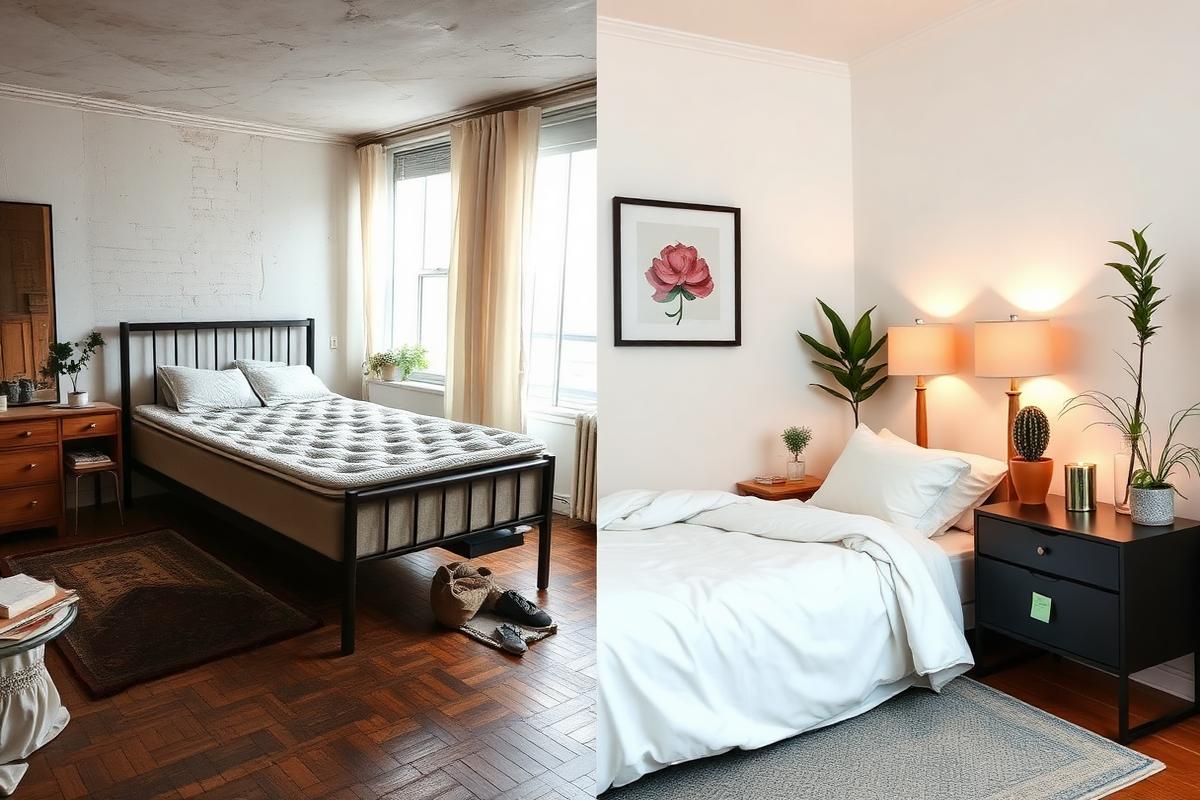 Quarto antes e depois da montagem para hóspedes